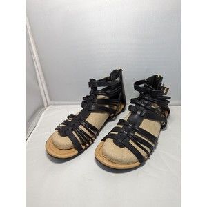 SODA Black Strappy Gladiator Sandals Womens Size 6 Gold Zip Buckle